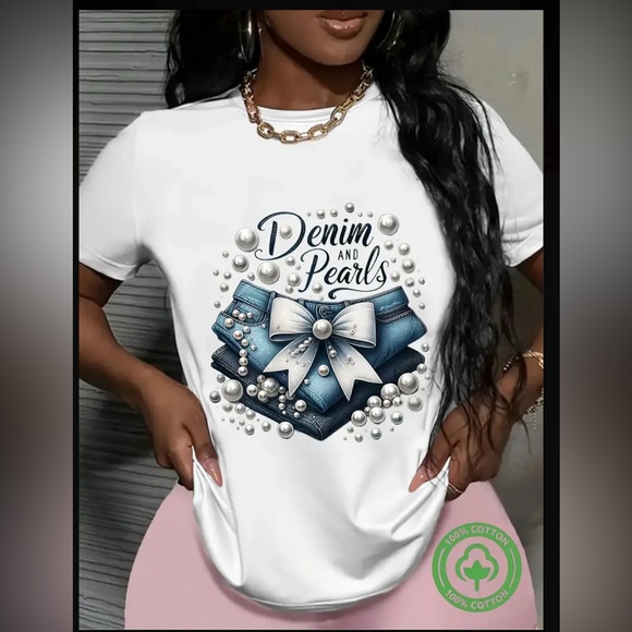 Denim and Pearls White T-Shirt - Picture 1 of 5